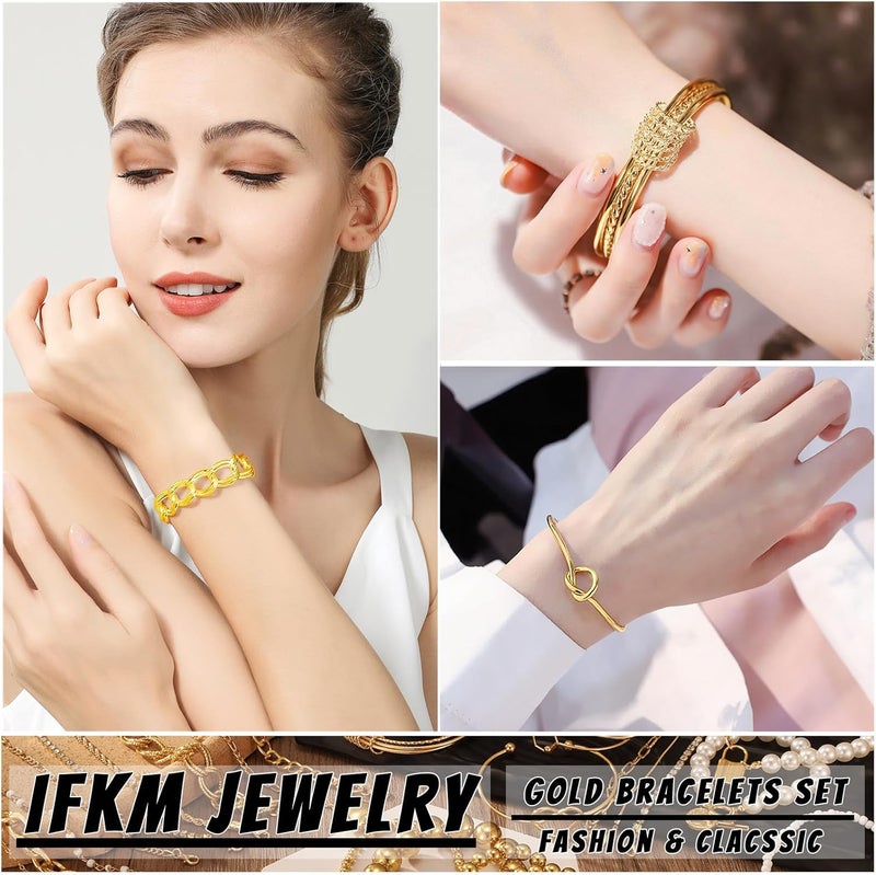 IFKM 6 PACK (24 PCS) Boho Gold Chain Bracelets Set for Women, 14K Gold Plated Multiple Layered Stackable Open Cuff Wrap Bangle Adjustable Link Italian Cuban Jewelry for Women Gift - Image 2